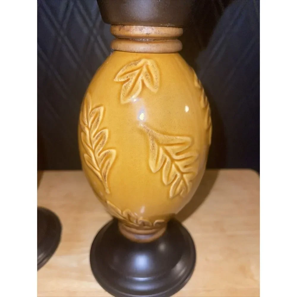 Retired Target Pair of Amber Leaf Embossed Ceramic Candle Holders Pillar Taper